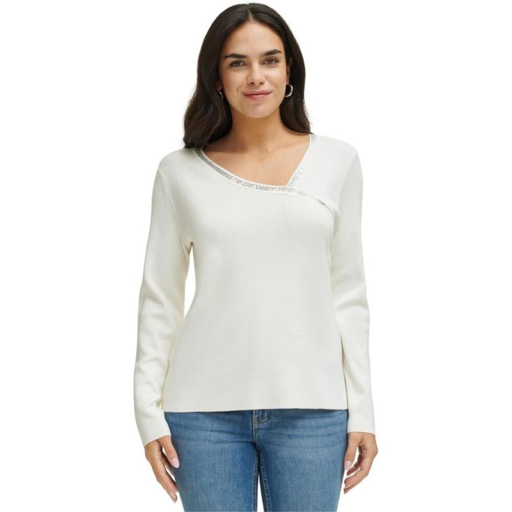 Calvin Klein Womens Embellished Asymmetrical Knit Blouse, White, XL, DM - Picture 1 of 2